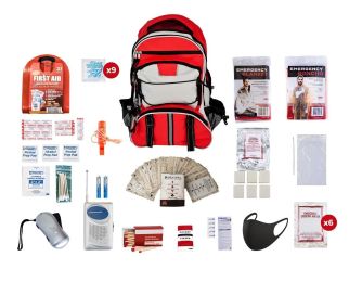 Basic 1 Person Survival Kit (72+hours) (Bag Options 1 Person: 1 Person Red  Multi -Pocket Hikers Backpack)